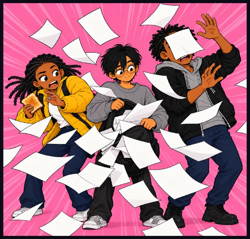 Sudde opens his bag and a cascade of printouts spills everywhere. Jawu saves her toast; a page lands on Bille's face.