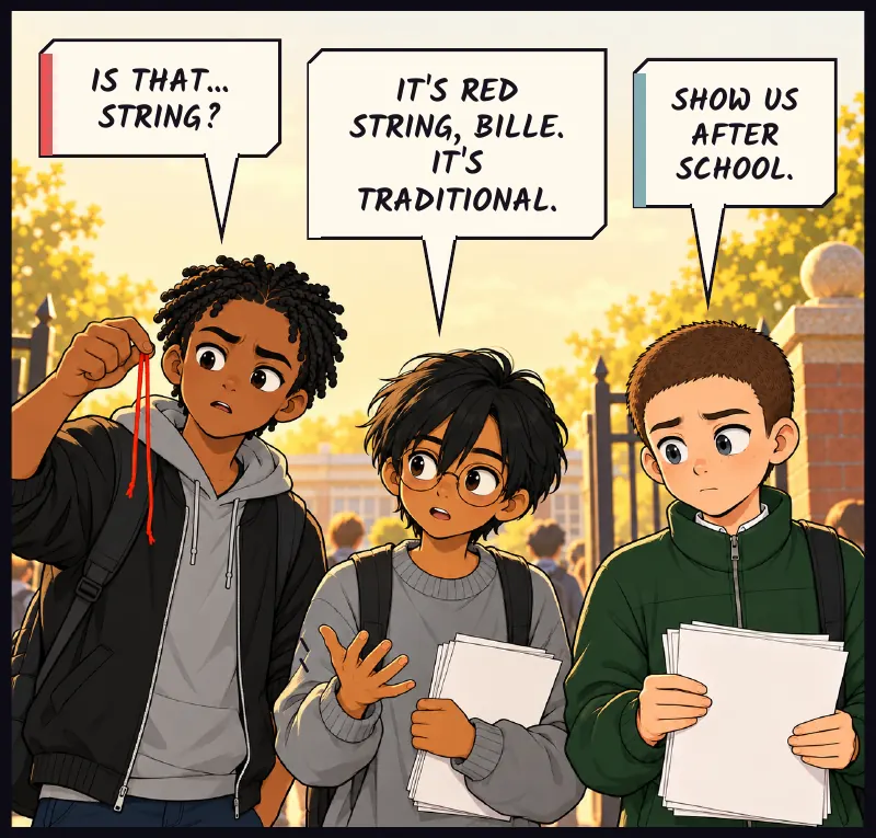 Bille holds up a length of red string between two fingers. Juni stacks the papers and notices Sudde's hand trembling. Bille: Is that... string? Sudde: It's red string, Bille. It's traditional. Juni: Show us after school.