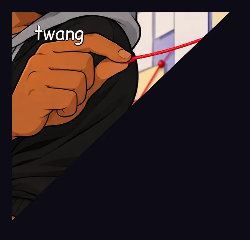 Corner inset: Bille plucking a strand of the string. Sound: twang