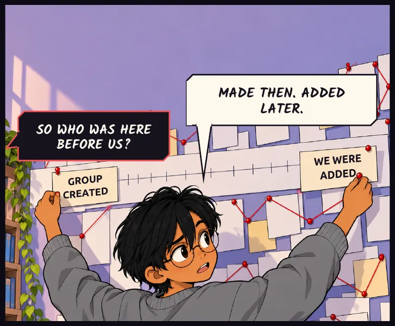 Sudde pins two labels on his timeline, a long blank gap between them: GROUP CREATED and WE WERE ADDED. Sudde: Made then. Added later. Juni: So who was here before us?