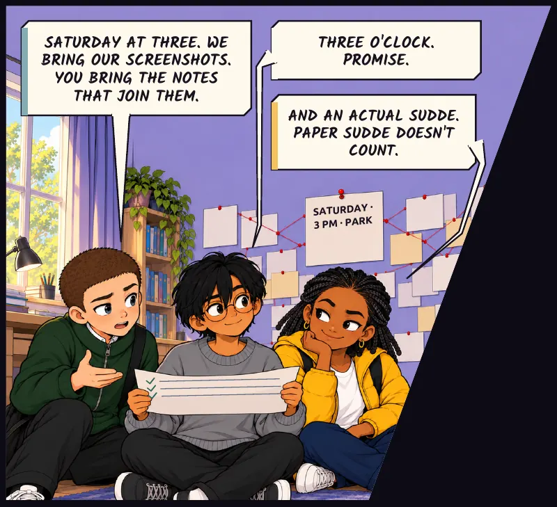 Friday after school, same room, the wall neater. A paper square pinned in the centre: SATURDAY · 3 PM · PARK. Juni: Saturday at three. We bring our screenshots. You bring the notes that join them. Sudde: Three o'clock. Promise. Jawu: And an actual Sudde....