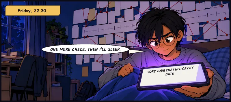 Friday night. Sudde's room dark except his phone. Time: Friday, 22:30. Sudde: One more check. Then I'll sleep.