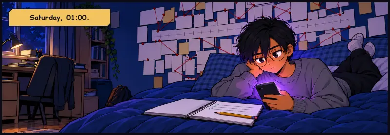 Open strip above the frame, no border: Sudde in bed, face lit violet, eyes heavy. His notes saved, a pencil lying across the last finished line. Time: Saturday, 01:00.