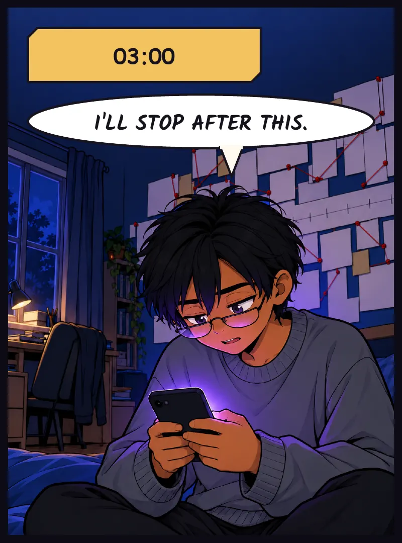 The same face, the light shifted, glasses lower on his nose. Time: 03:00 Sudde: I'll stop after this.