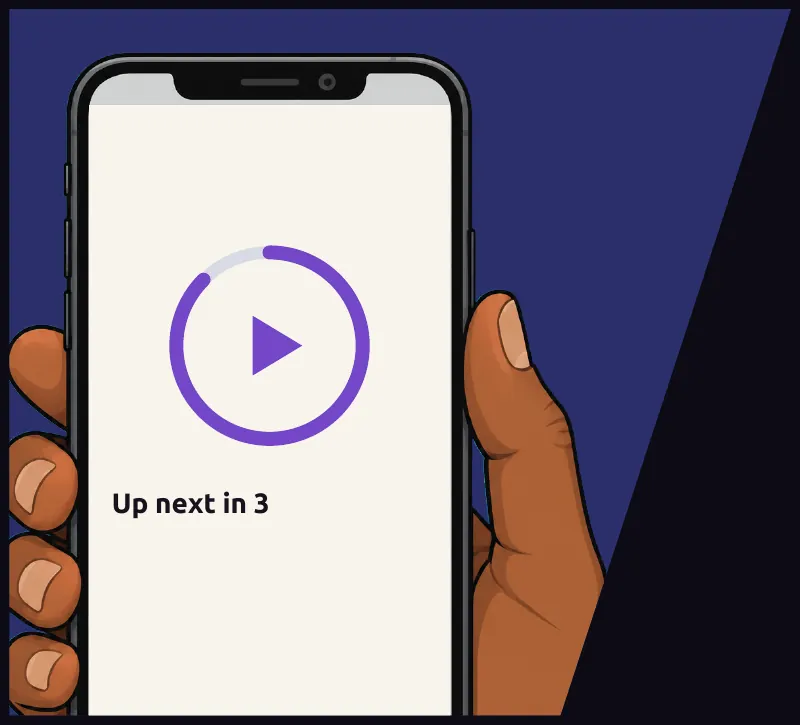 The phone in his slack hand, still playing. On screen: Up next in 3