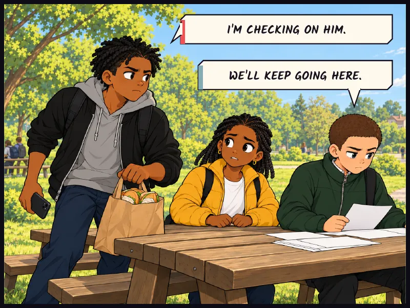 Bille lowers his phone after a call rings out. He looks down the path towards Sudde's house. Bille: I'm checking on him. Juni: We'll keep going here.