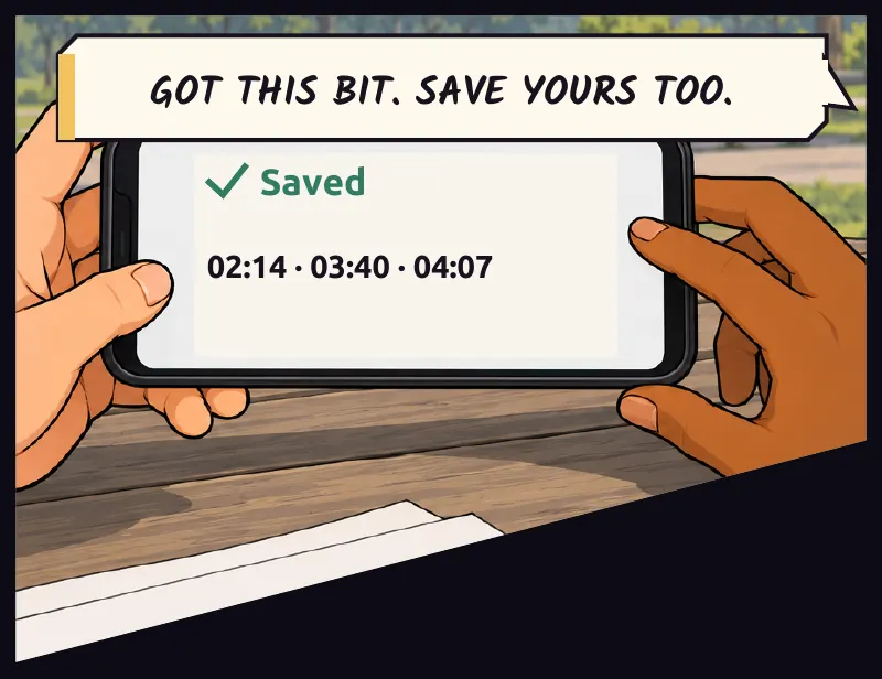 Split half: Jawu screen-records as Juni scrolls their messages, the dates visible. A small Saved tick. Jawu: Got this bit. Save yours too.