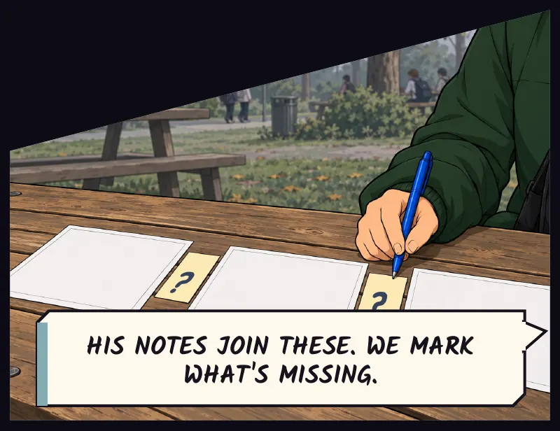 Split half: the screenshots in a row on the table. Juni draws a question mark in every gap instead of guessing. Juni: His notes join these. We mark what's missing.