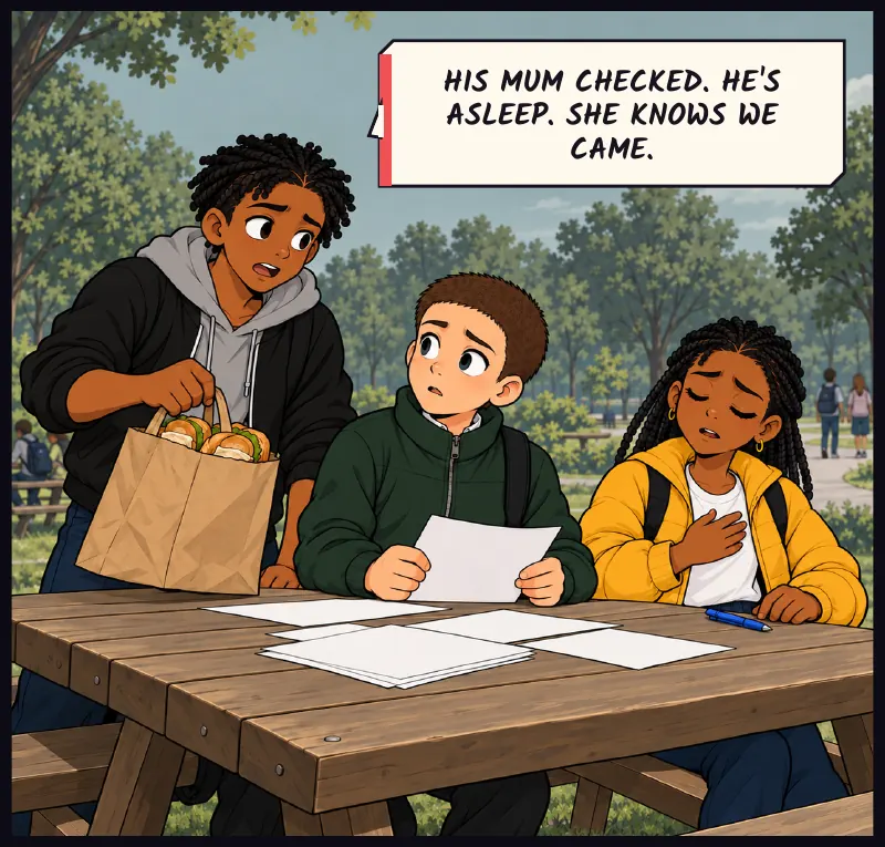 Bille comes back, sandwich bag still in his hand. Jawu lets out the breath she has been holding. Bille: His mum checked. He's asleep. She knows we came.
