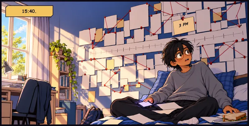 15:40. Sudde's room. Time: 15:40.