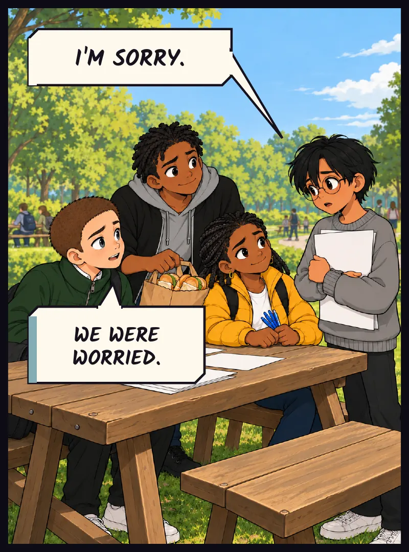 Later. Sudde reaches the table, timeline clutched to his chest. Sudde: I'm sorry. Juni: We were worried.