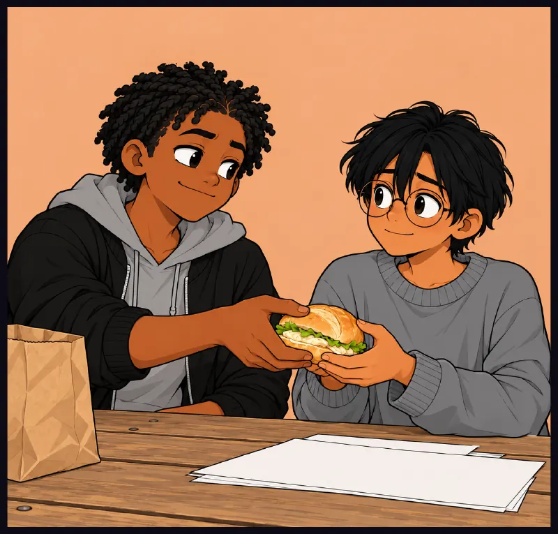 Bille sits down next to Sudde and hands him a sandwich without a word. Sudde puts the timeline down and takes it with both hands.