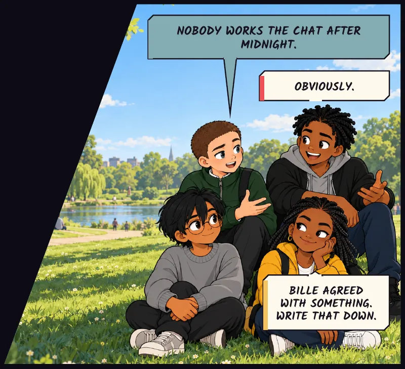 Sunday morning, the park. The crew makes its one rule. Juni: Nobody works the chat after midnight. Bille: Obviously. Jawu: Bille agreed with something. Write that down.