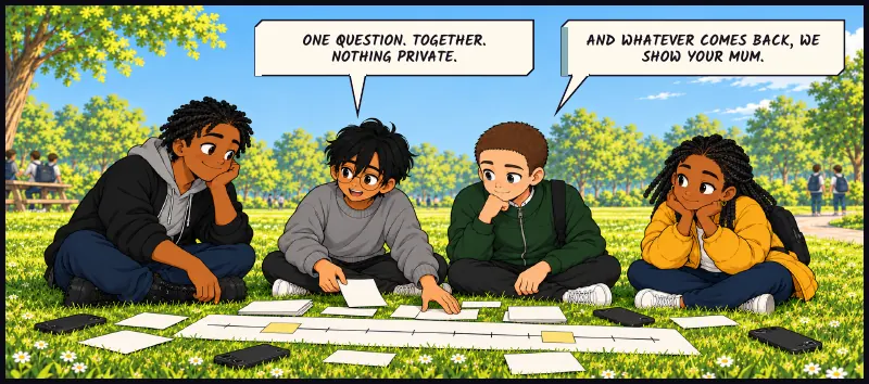 Daylight. Sudde, rested, spreads his notes beside the half-built timeline. Sudde: One question. Together. Nothing private. Juni: And whatever comes back, we show your mum.