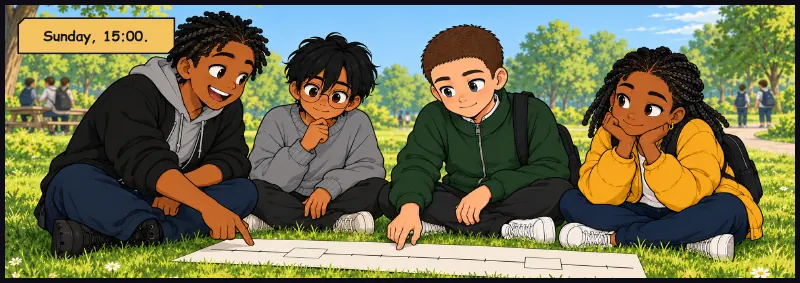 Sunday, 15:00, the park. The four sitting in a circle on the grass, the finished timeline between them. Time: Sunday, 15:00.