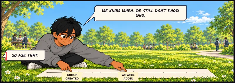 Sudde taps two dates on the timeline: GROUP CREATED, WE WERE ADDED. Sudde: We know when. We still don't know who. Bille: So ask that.