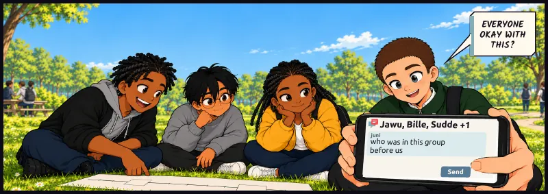 Juni's phone held where everyone can see, thumb above Send. Keep this framing and header size for the reply on the next page. On screen: Jawu, Bille, Sudde +1 Chat, juni: who was in this group before us Juni: Everyone okay with this?