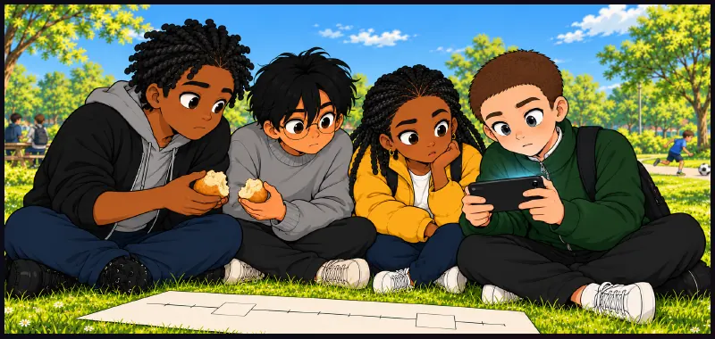 The four frozen around the phone, faces lit by it. Behind them a ball rolls past and someone runs after it.