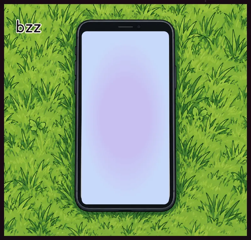 Small inset: the phone buzzes against the grass. Sound: bzz