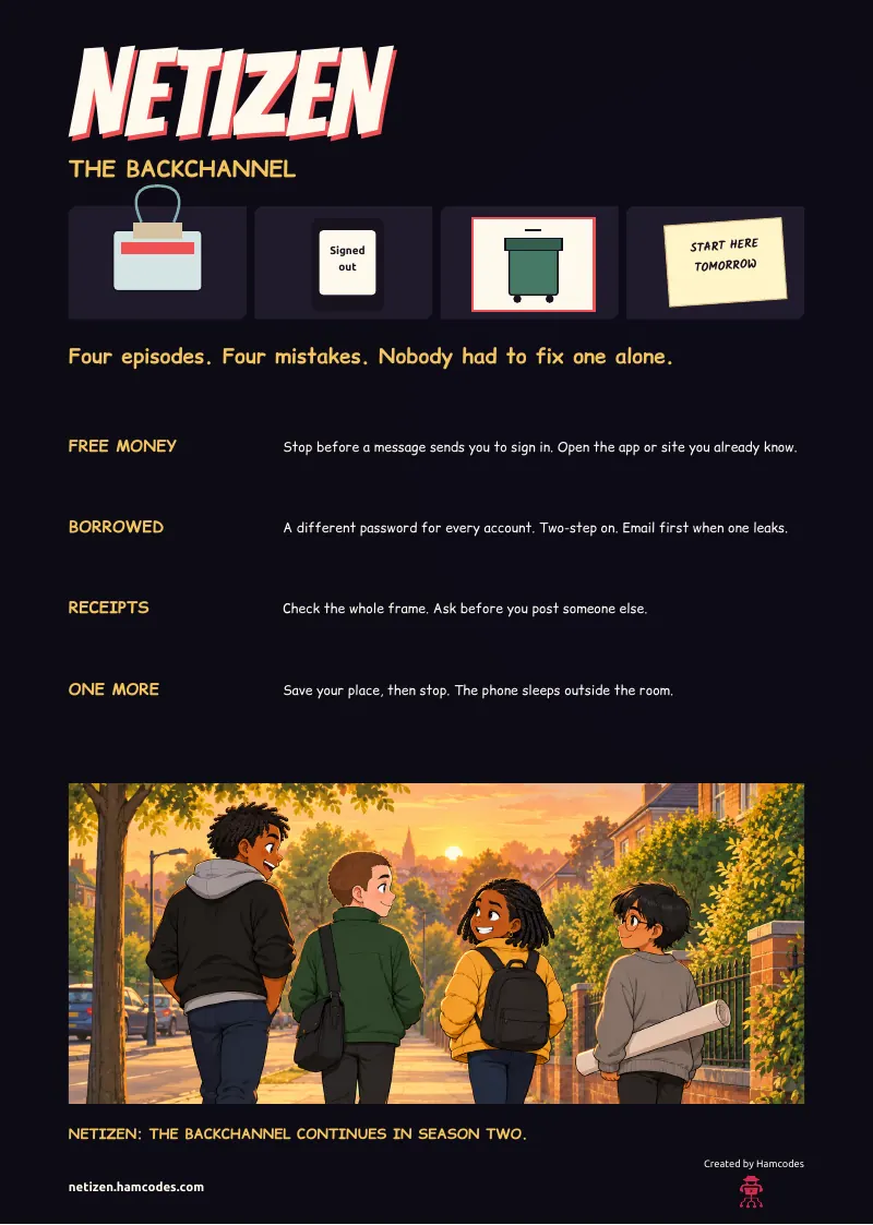 Season page. NETIZEN NETIZEN THE BACKCHANNEL Signed out START HERE TOMORROW Four episodes. Four mistakes. Nobody had to fix one alone. FREE MONEY Stop before a message sends you to sign in. Open the app or site you already know. BORROWED A different...