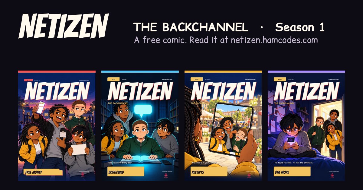The four covers of NETIZEN: The Backchannel, Season 1: Free Money, Borrowed, Receipts and One More.
